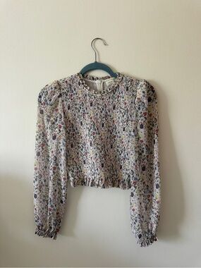 Aritzia White Multicolor Floral Smocked Puff-Sleeve Top